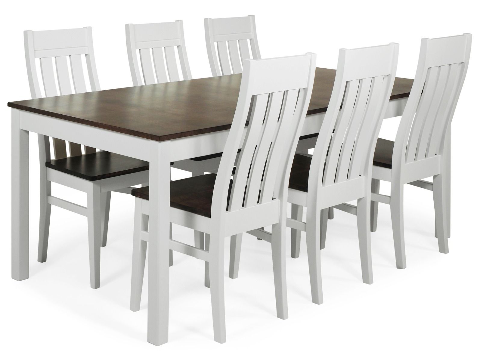 Vilja ruokapöytä ja kuusi Kanerva tuolia, värit valkoinen ja pähkinä