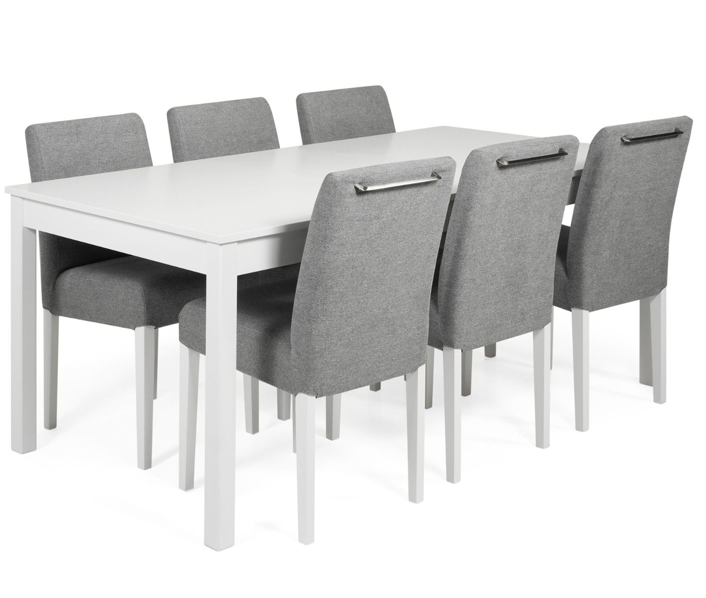 Vilja ruokaryhmä harmailla verhoilluilla ruokapöydän tuoleilla kuudelle