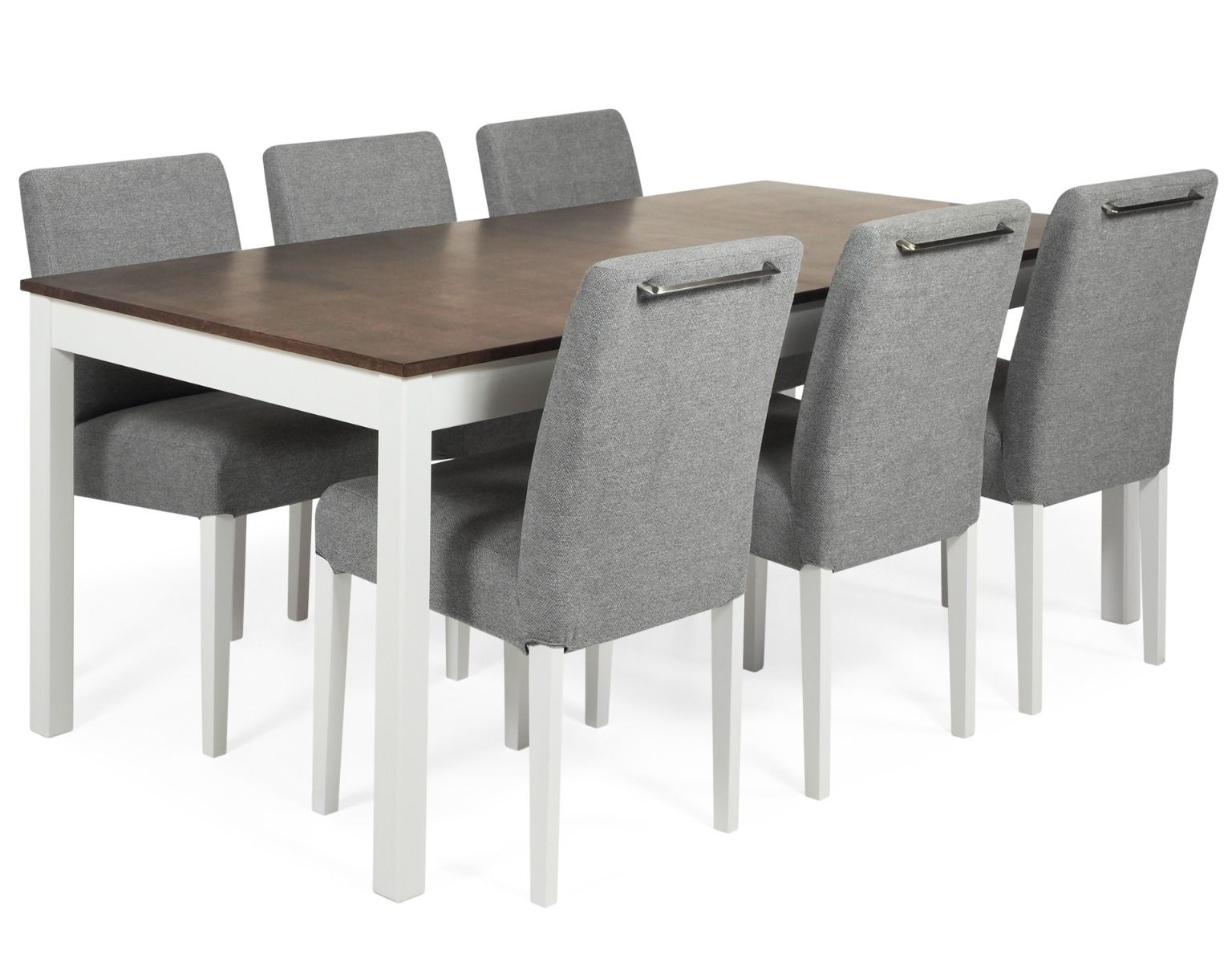 Vilja ruokaryhmä kuudelle hengelle verhoilluilla harmailla tuoleilla