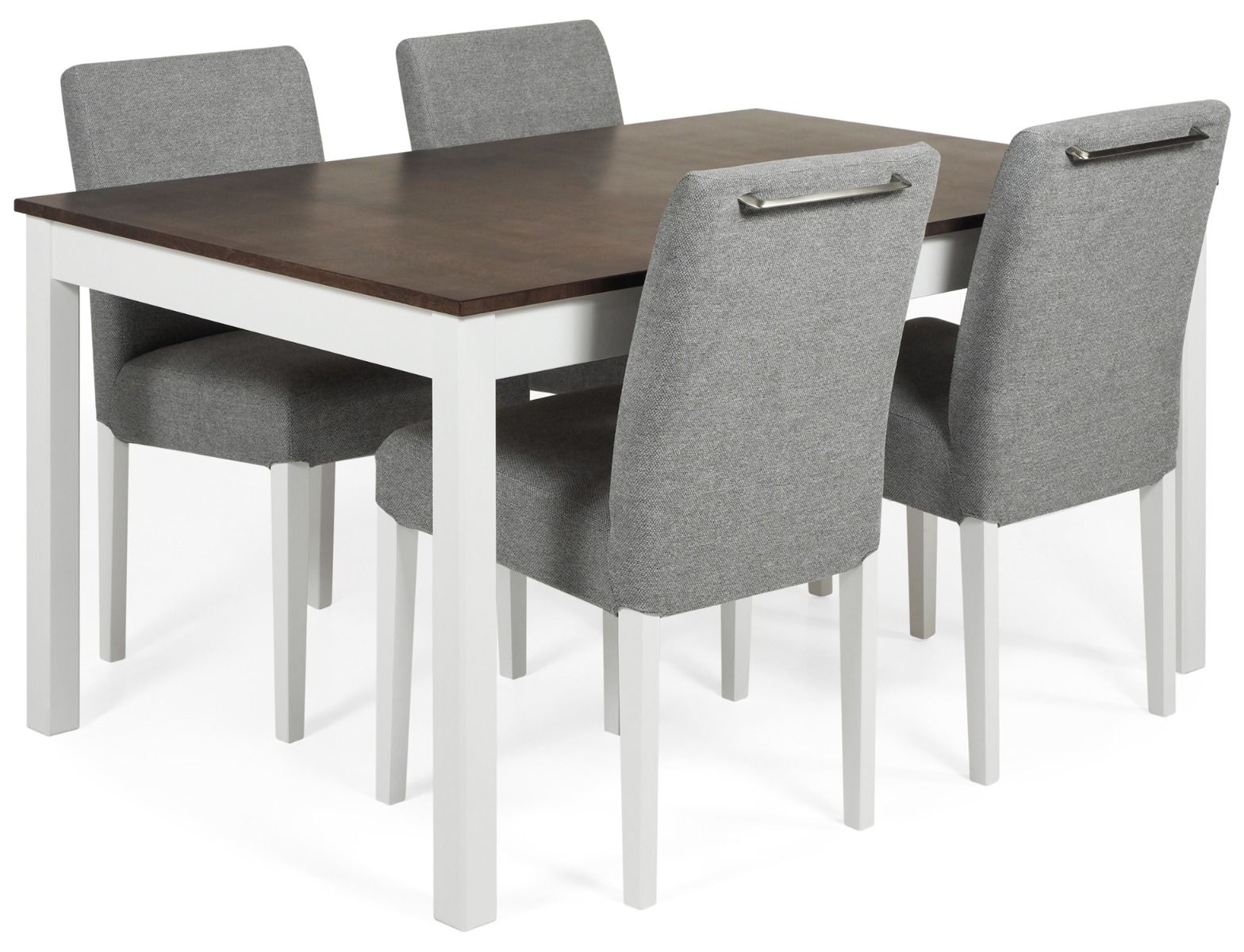 Ruokaryhmä pähkinä-valkoisella pöydällä ja neljällä verhoillulla tuolilla