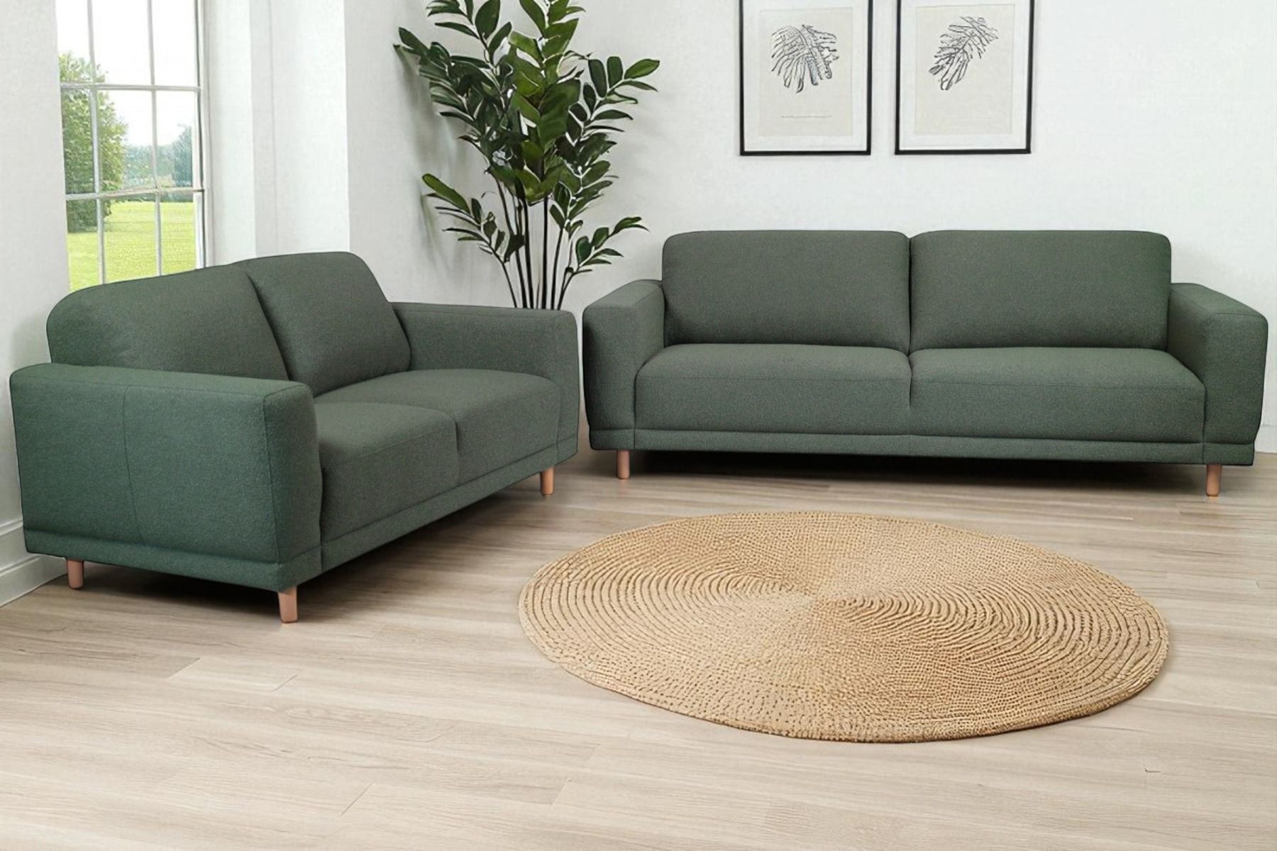 Vivo sohvakalusto 3+2 vihreällä kangasverhoilulla