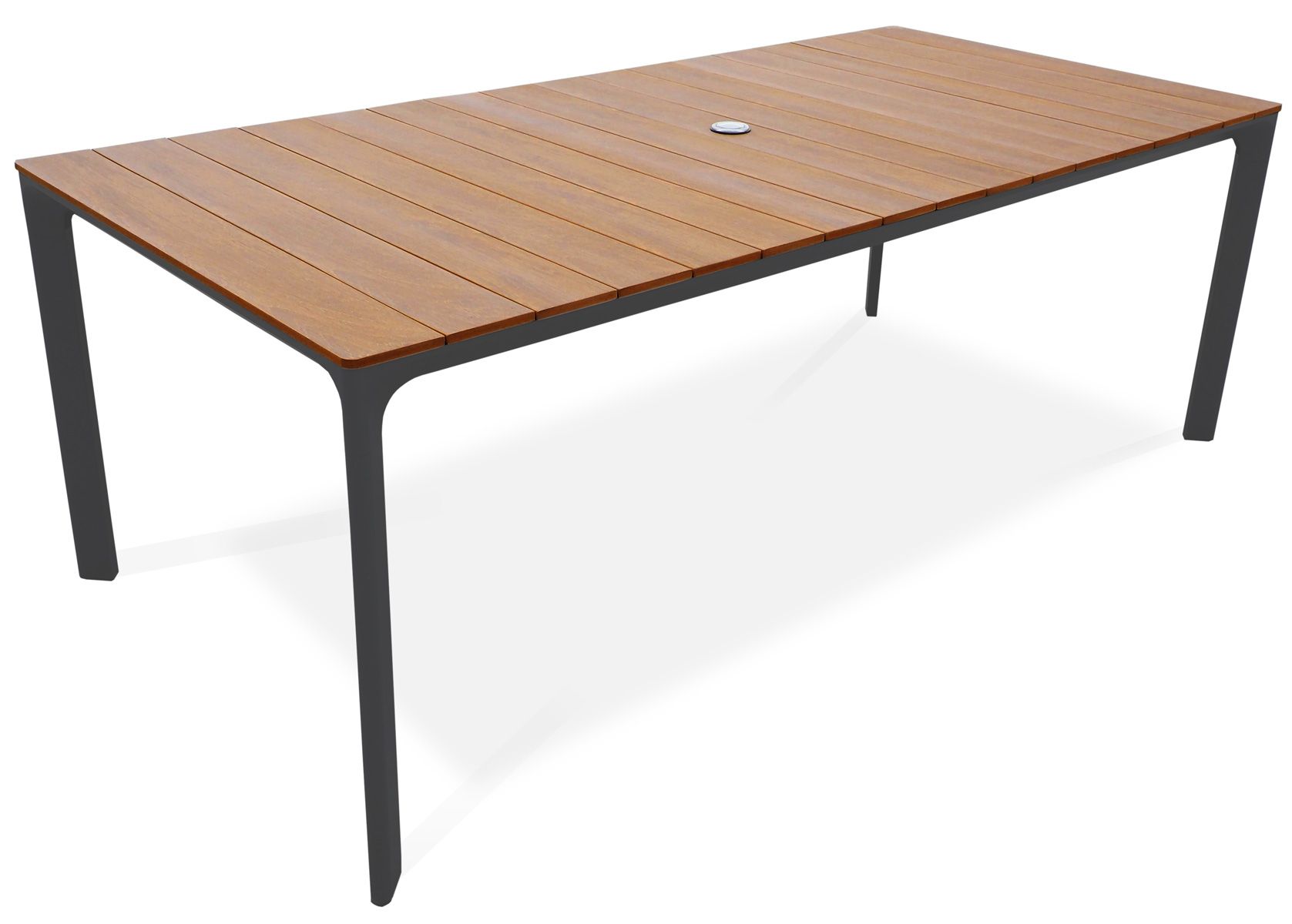 Nonwood kantinen puutarhapöytä 100x208cm harmaalla alumiinirungolla. Kannessa reikä aurinkovarjolle.