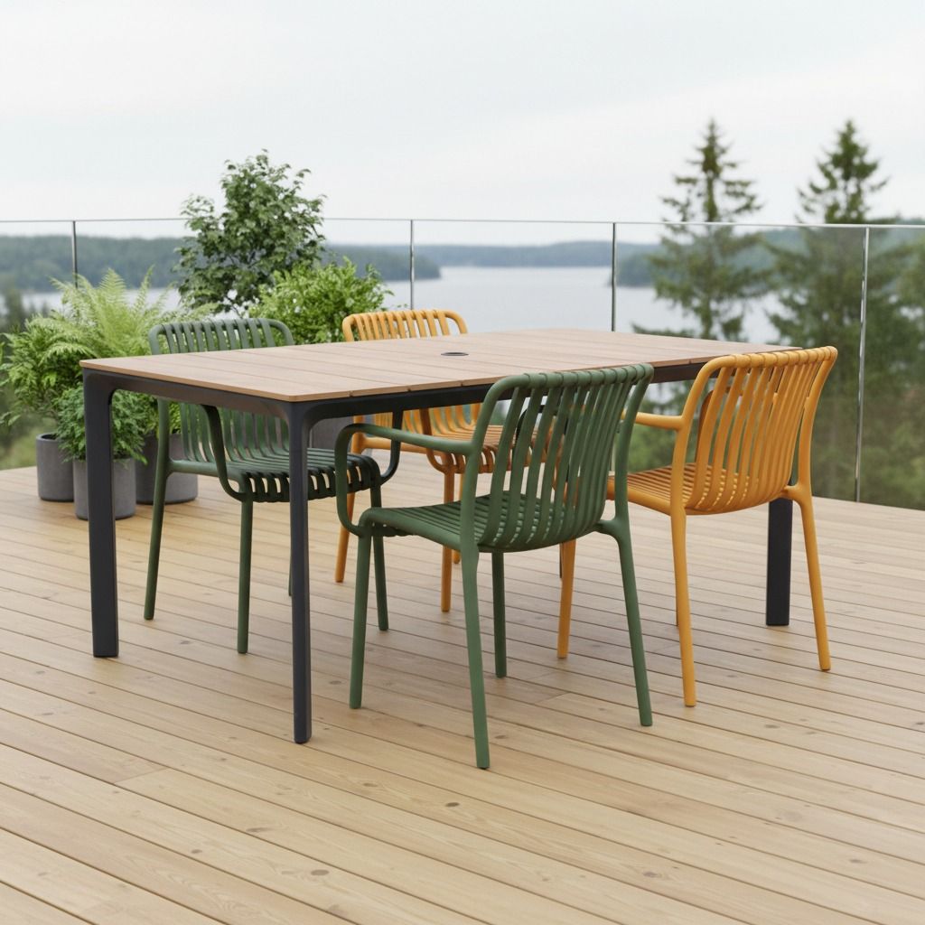 Terassipöytä ja värikkäät tuolit kuvattuna terassilla