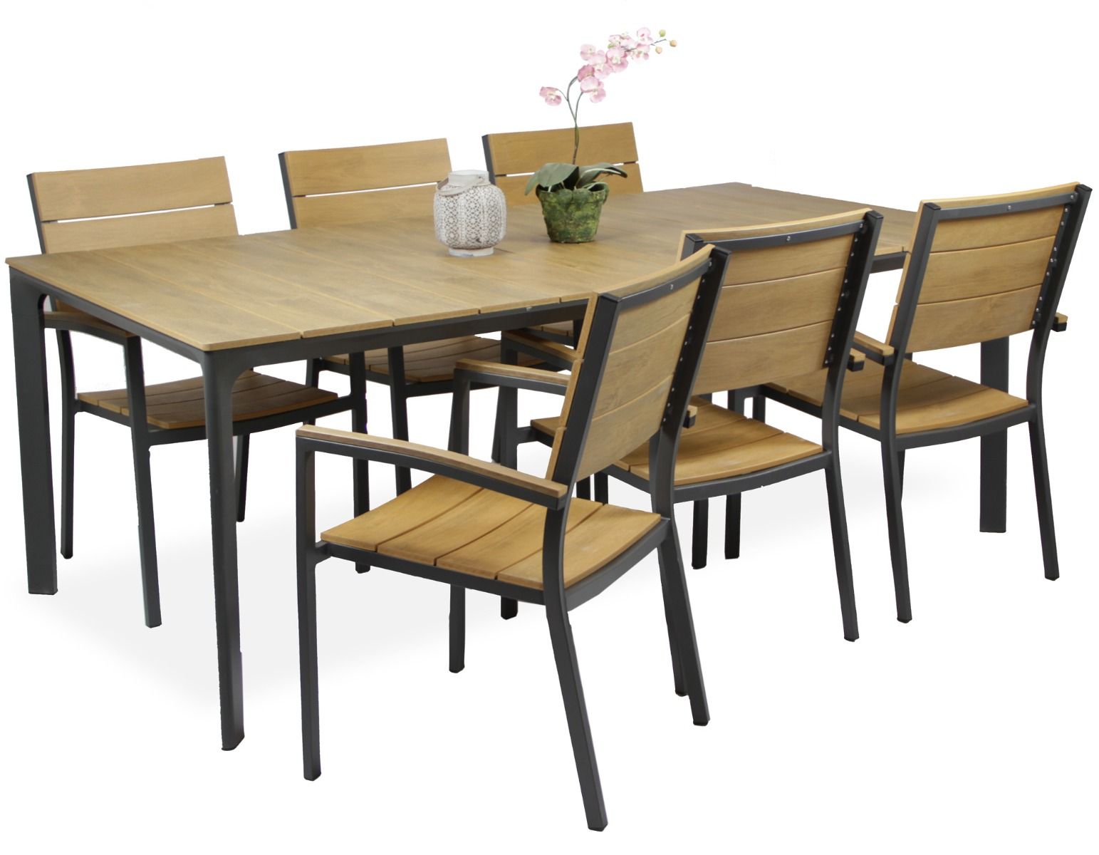 West terassipöytä ja 6 Krabi tuolia, eri värejä