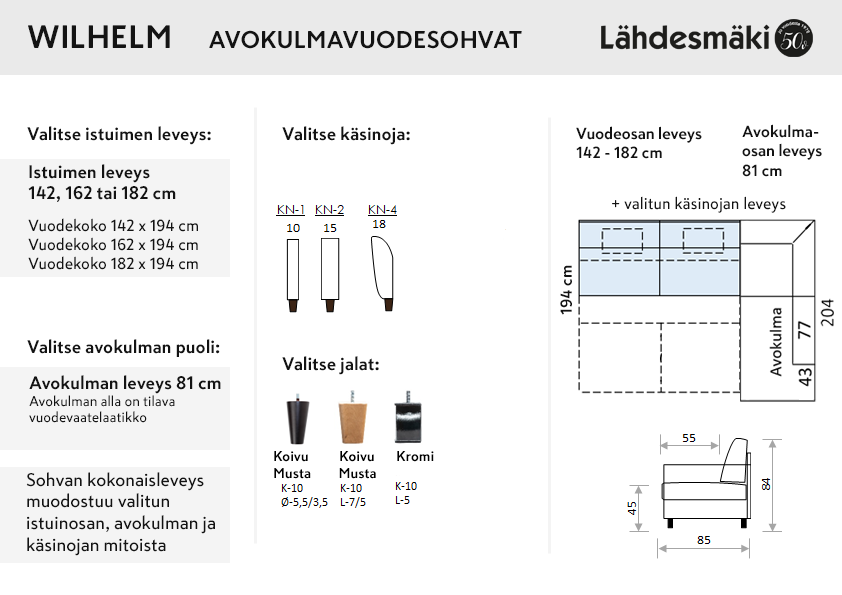 Wilhelm avokulmaisen vuodesohvan mittakuvat