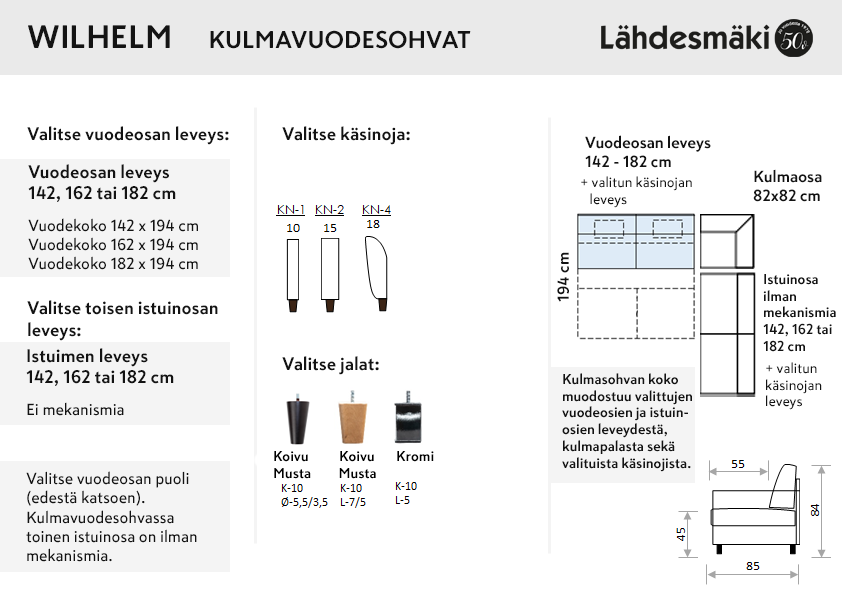 Wilhelm kulmavuodesohva, eri vaihtoehtoja