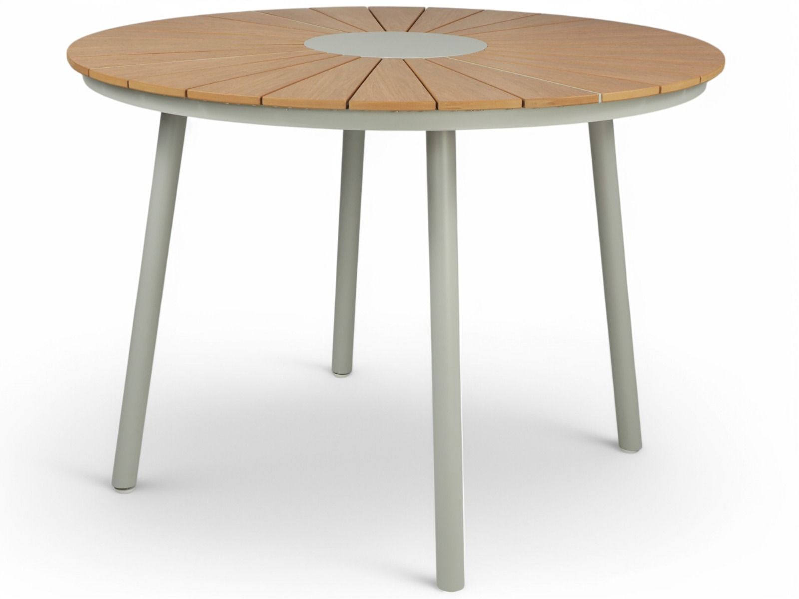 Pyöreä pöytä ulos valkoisella rungolla ja puunvärisellä kannella