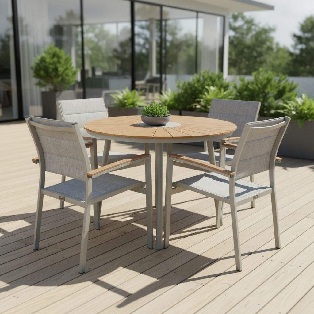 Pyorea Winnie terassipöytä ja neljä Tango puutarhatuolia ruokaryhmänä