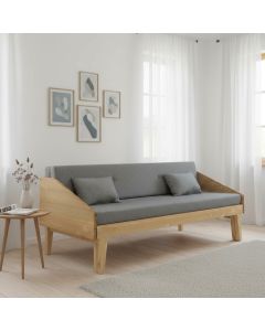 Retro laverisohva levitettävä ruskealla puurungolla ja harmaalla patjasarjalla