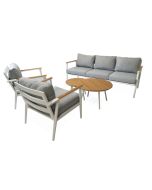 Valkoinen alumiinirunkoinen ulkokäyttöön tarkoitettu sohvakalusto 3-istuttavalla sohvalla, kaksi nojatuolia ja sohvapöytäsarja