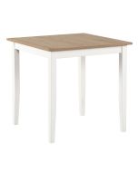 Ruokapöytä 75x75cm, melamiinisella tammijäljitelmä kannella ja valkoiseksi maalatuilla koivuisilla jaloilla.