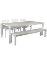 Alumiinin Milano pöytä, penkki sekä kolme tuolia ulkokäyttöön