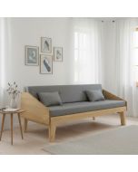 Retro laverisohva levitettävä ruskealla puurungolla ja harmaalla patjasarjalla